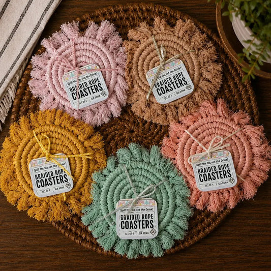 Pastel braided rope coasters with tassel fringe in pink, tan, yellow, mint green on a woven tray Gia Roma on Tampa Home & Garden Store