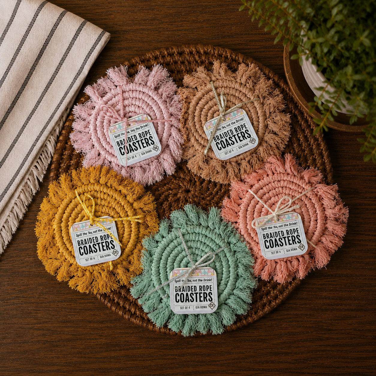 Sous-verres tressés à pompons pastel