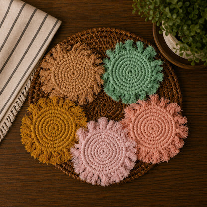 Sous-verres tressés à pompons pastel