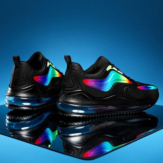 Stevvex men's athletic shoes with black mesh upper and rainbow side panels, blue air sole on Tampa Home & Garden Store