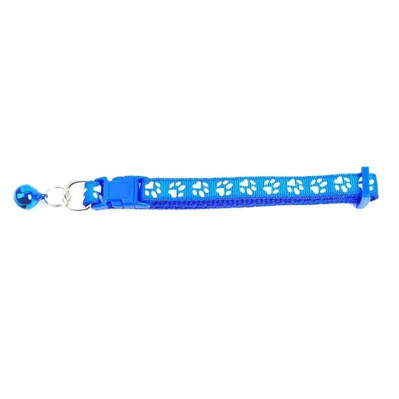 Dog collar Stevvex blue nylon with white paw print pattern, adjustable with bell on Tampa Home & Garden Store