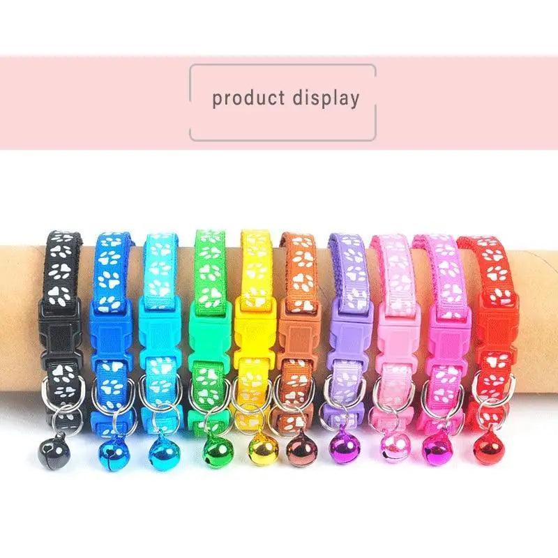 Colorful adjustable dog collars with paw print pattern and bells on Tampa Home & Garden Store