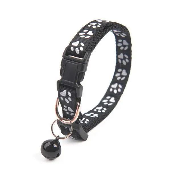 Nylon pet collar with paw print pattern by Stevvex, black strap and bell charm for dogs on Tampa Home & Garden Store