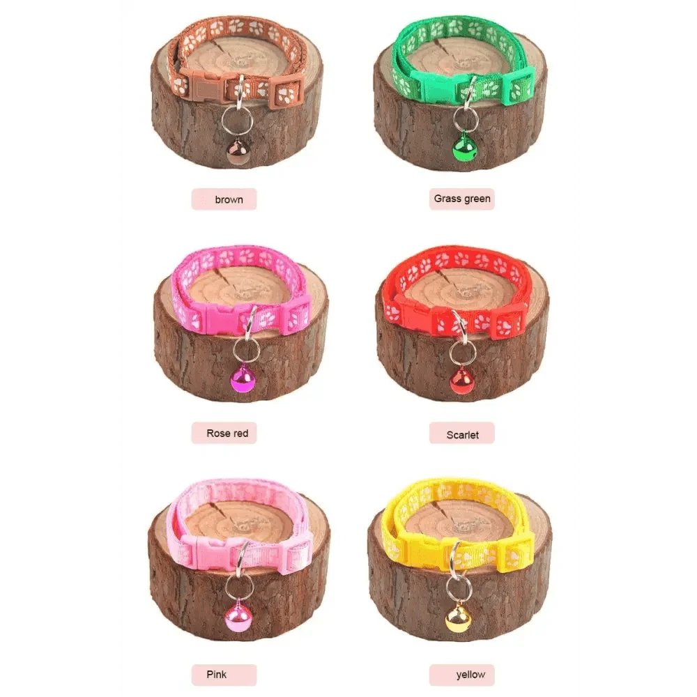 Stevvex nylon pet collars set in brown green pink yellow with paw print and bell six colors on Tampa Home & Garden Store