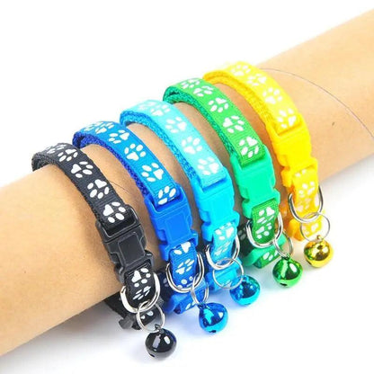 Stevvex adjustable nylon pet collars with white paw print; six colorful options with bells on Tampa Home & Garden Store