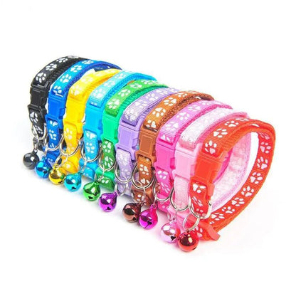 Colorful nylon pet collar set Stevvex with paw print pattern bells, rainbow dog collars on Tampa Home & Garden Store