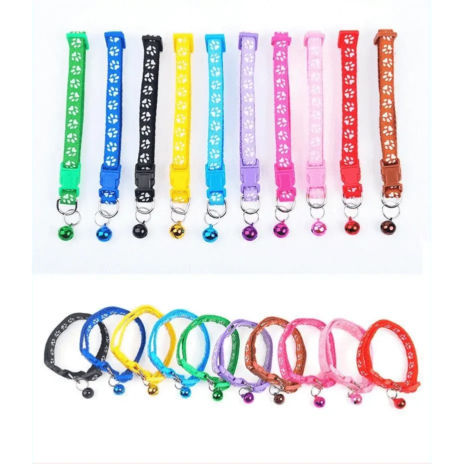 Colorful nylon pet collars Stevvex, adjustable dog collars with paw print pattern and bells on Tampa Home & Garden Store