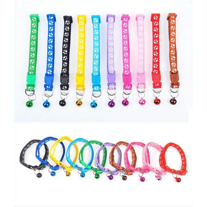 Colorful nylon pet collars Stevvex, adjustable dog collars with paw print pattern and bells on Tampa Home & Garden Store