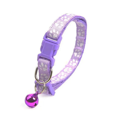 Stevvex purple nylon adjustable pet collar with paw print pattern and purple bell on metal ring on Tampa Home & Garden Store