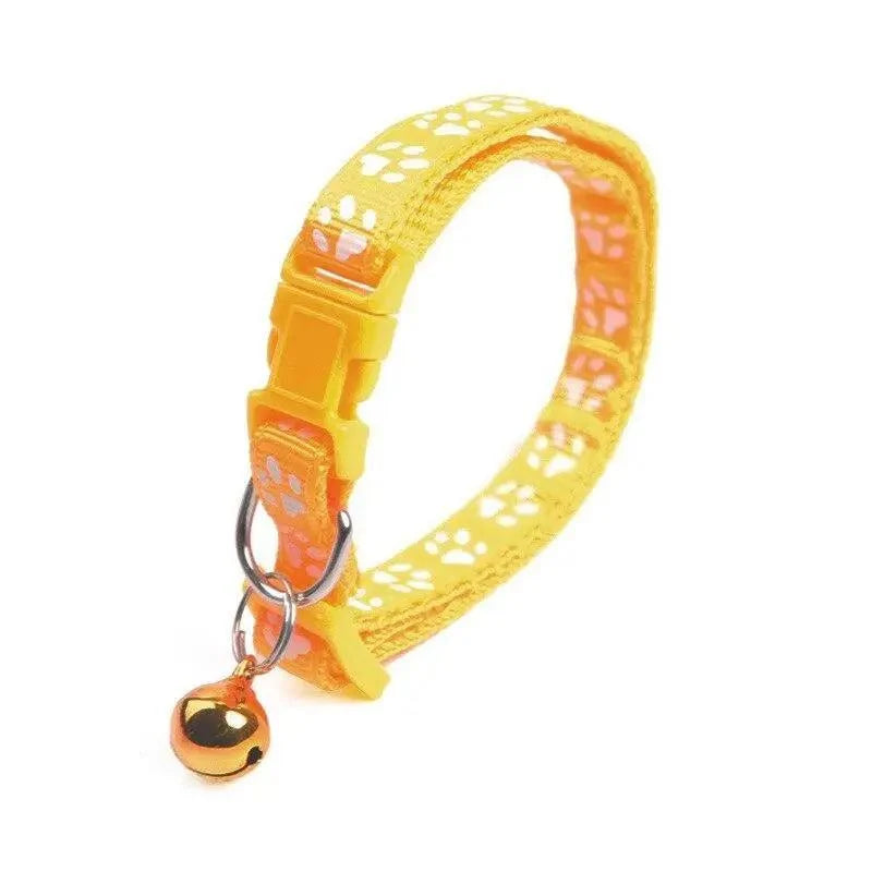 Stevvex nylon dog collar yellow paw-print pattern adjustable with bell charm on Tampa Home & Garden Store
