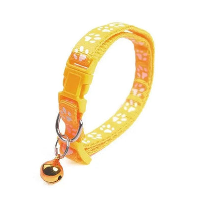Stevvex nylon dog collar yellow paw-print pattern adjustable with bell charm on Tampa Home & Garden Store