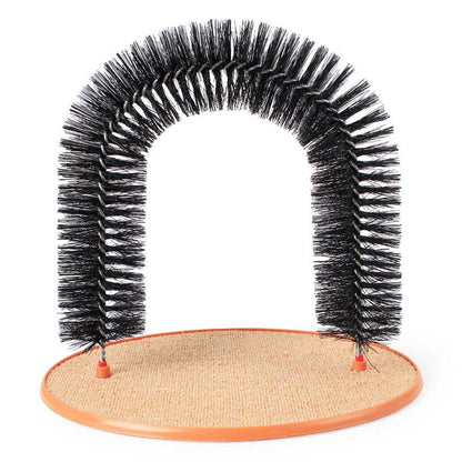 Stevvex arch cat massager with bristle ring on orange beige carpet base for grooming on Tampa Home & Garden Store