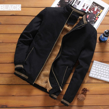 Stevvex black windbreaker jacket with tan fleece lining and striped rib cuffs on Tampa Home & Garden Store