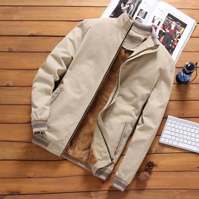 Men's beige windbreaker jacket Stevvex with brown fleece lining, zip front, stand collar on Tampa Home & Garden Store
