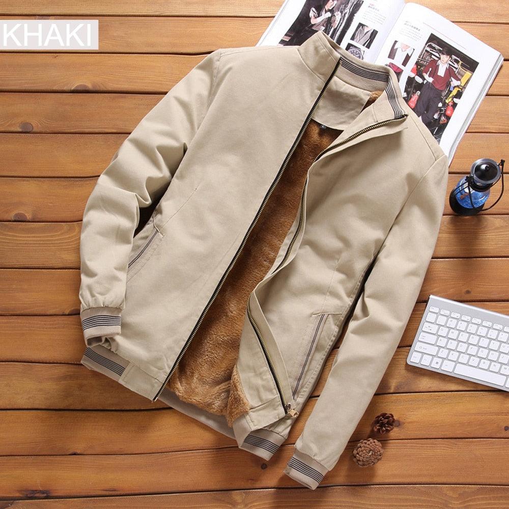 Khaki Stevvex windbreaker jacket with brown fleece lining, zip front, ribbed cuffs on Tampa Home & Garden Store