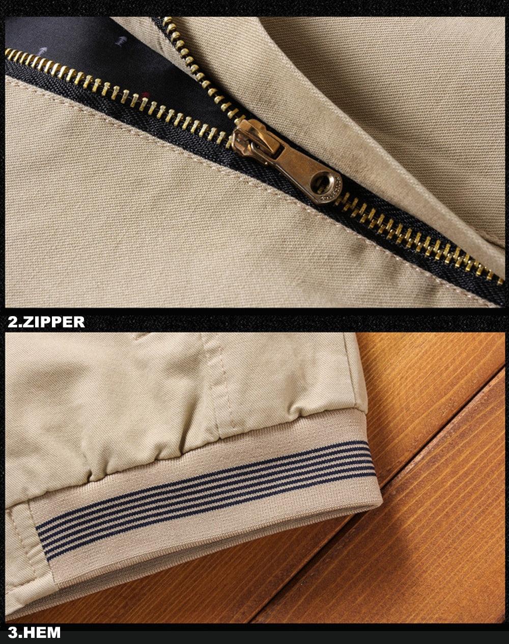 Stevvex beige windbreaker jacket zipper detail with brass pull and striped hem on Tampa Home & Garden Store
