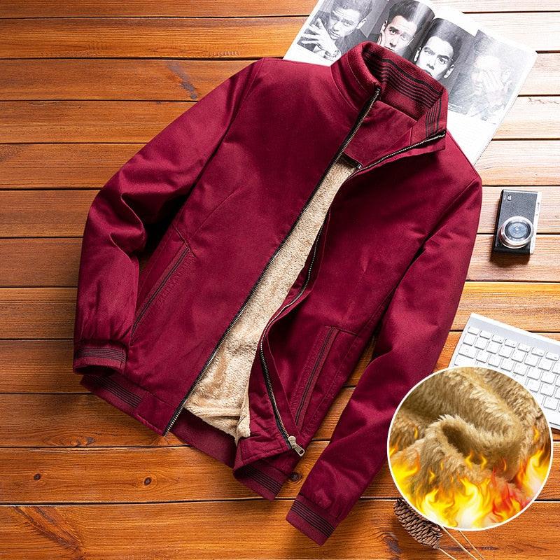 Stevvex men's burgundy windbreaker jacket with beige fleece lining, zip front, water resistant on Tampa Home & Garden Store