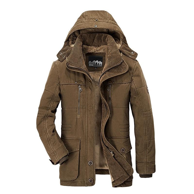 Men's brown hooded parka jacket by Stevvex with warm fleece lining and zipper pockets on Tampa Home & Garden Store