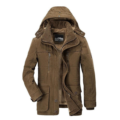 Men's brown hooded parka jacket by Stevvex with warm fleece lining and zipper pockets on Tampa Home & Garden Store