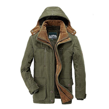 Stevvex men's olive green parka jacket with brown fleece lining and hood on Tampa Home & Garden Store