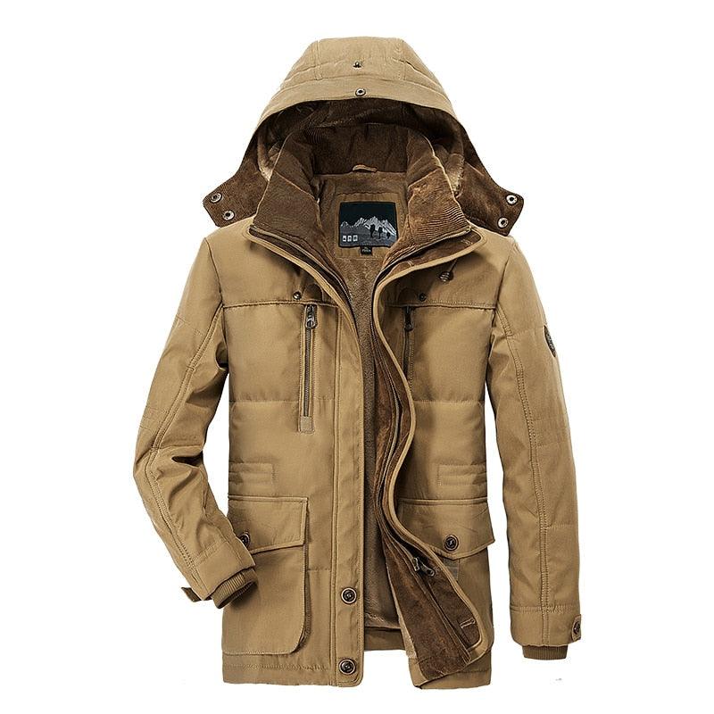 Stevvex men's hooded parka jacket in dark tan with thick padded lining on Tampa Home & Garden Store