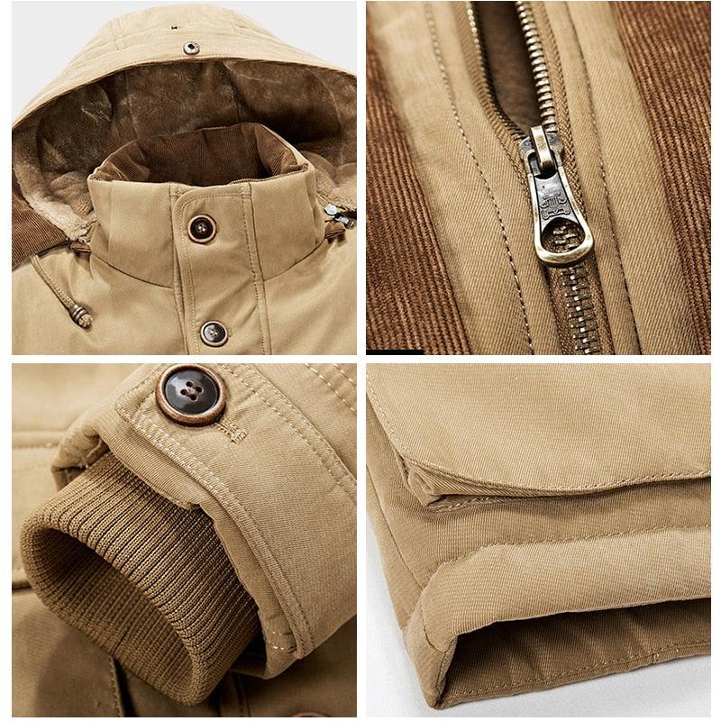 Stevvex tan hooded parka jacket with zip front, button details, and ribbed cuffs on Tampa Home & Garden Store