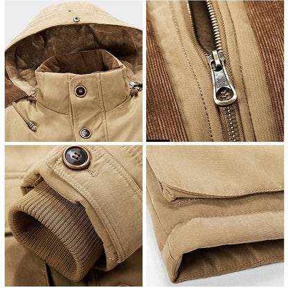 Stevvex tan hooded parka jacket with zip front, button details, and ribbed cuffs on Tampa Home & Garden Store