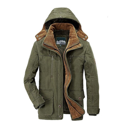 Stevvex olive green cotton hooded parka with brown lining and multiple pockets on Tampa Home & Garden Store