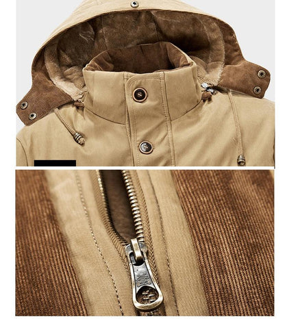 Stevvex men's tan cotton parka with fur-lined hood, drawstrings and metal zipper on Tampa Home & Garden Store