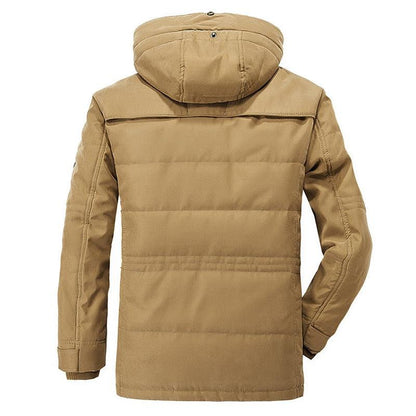 Stevvex men's camel hooded parka jacket with quilted panels on Tampa Home & Garden Store