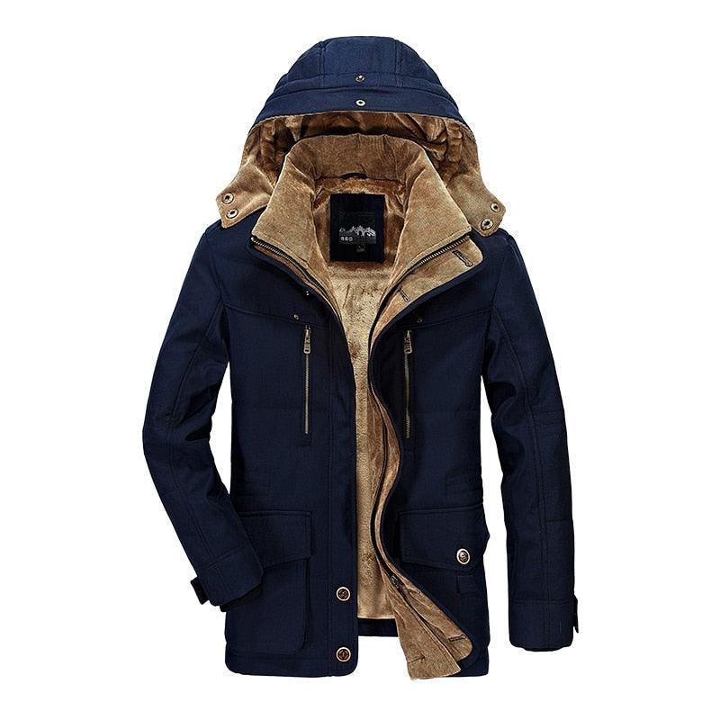 Stevvex men's navy parka jacket with hood, tan fleece lining, zip pockets on Tampa Home & Garden Store