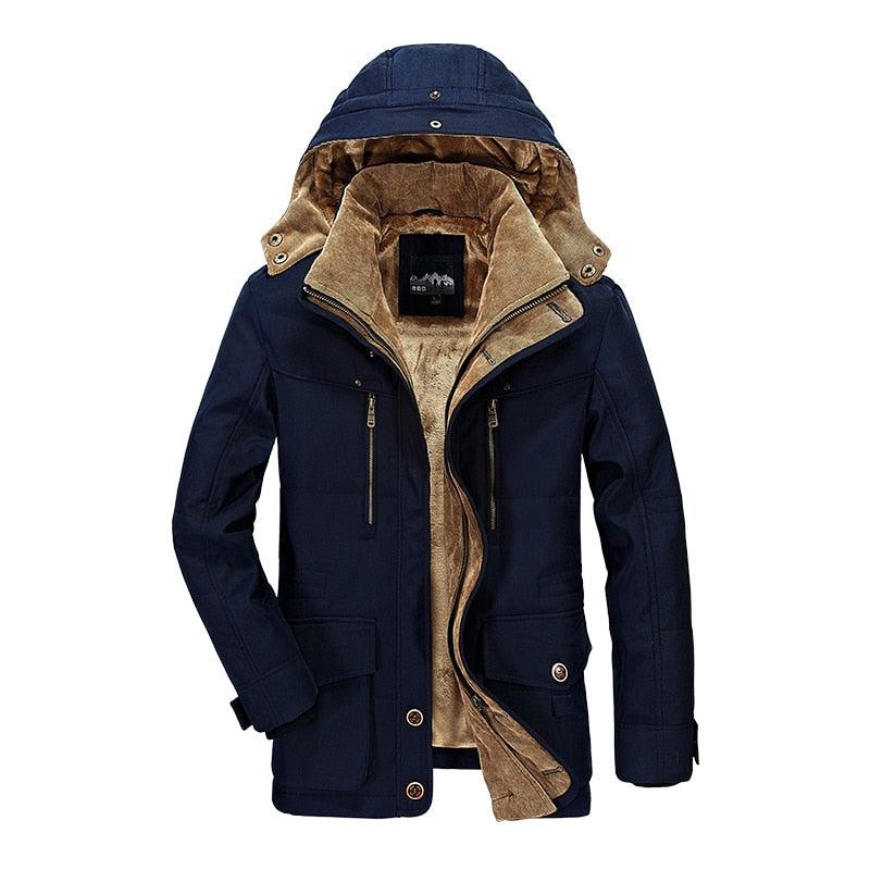 Stevvex men's dark blue parka jacket with brown fleece lining and hood on Tampa Home & Garden Store