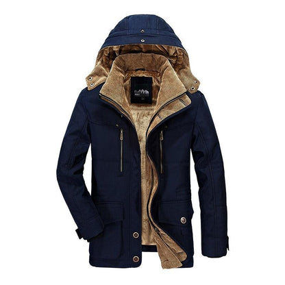 Stevvex men's dark blue parka jacket with brown fleece lining and hood on Tampa Home & Garden Store