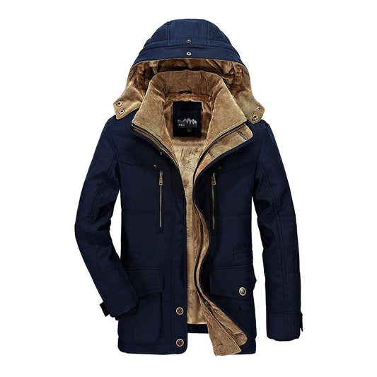 Stevvex men's dark blue parka jacket with brown fleece lining and hood on Tampa Home & Garden Store