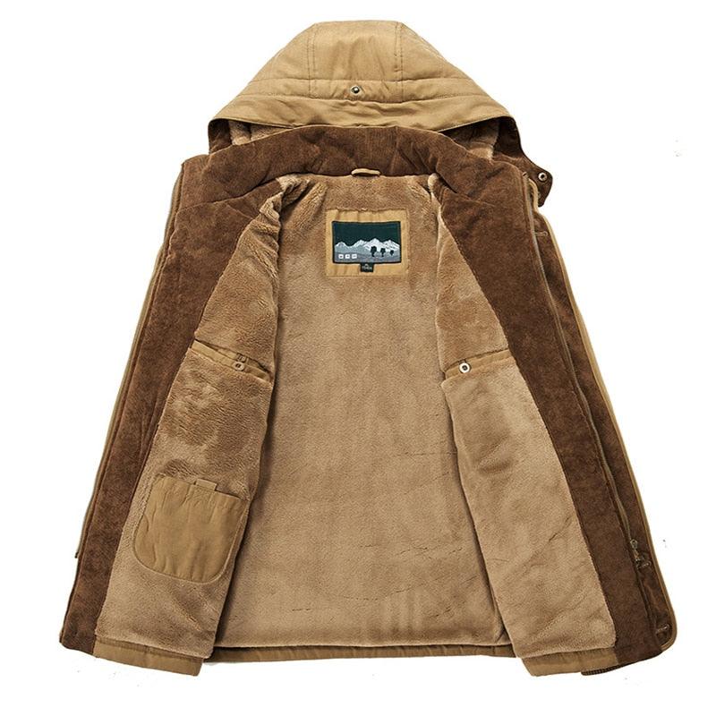 Stevvex men's brown parka with tan plush fleece lining and hood on Tampa Home & Garden Store