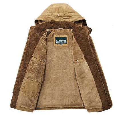 Stevvex men's brown parka with tan plush fleece lining and hood on Tampa Home & Garden Store