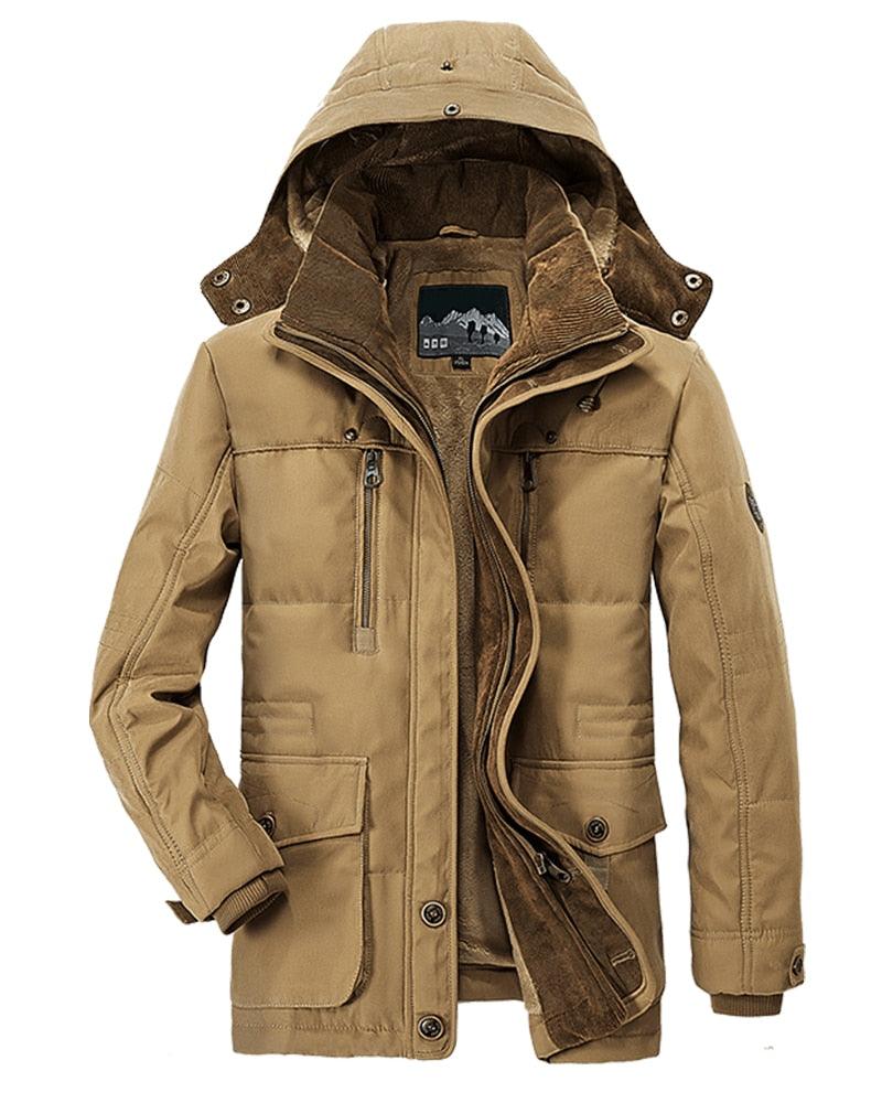 Stevvex tan hooded parka with zip front, storm flap, multiple pockets, warm quilted lining on Tampa Home & Garden Store