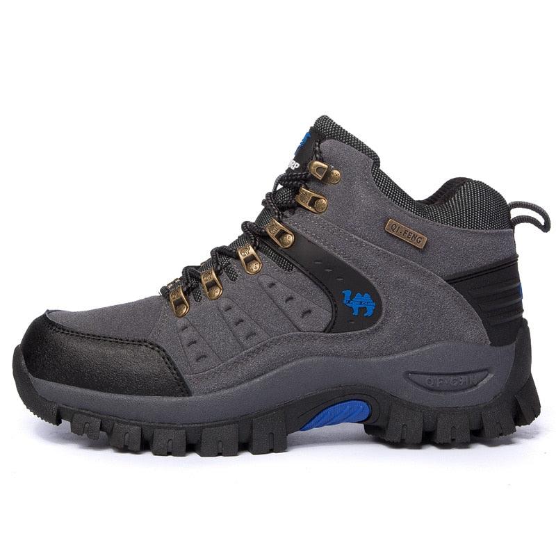 Stevvex men's hiking boots, grey waterproof upper with rugged lug sole and blue accents on Tampa Home & Garden Store