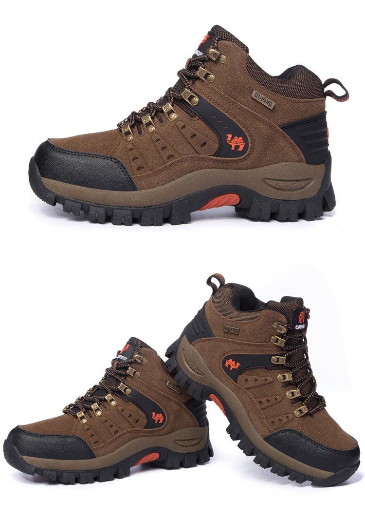 Stevvex brown hiking boots with black toe cap, orange logo, rugged lug outsole; 2 shown on Tampa Home & Garden Store