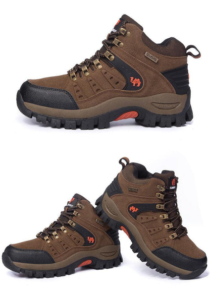 Stevvex brown hiking boots with black toe cap, orange logo, rugged lug outsole; 2 shown on Tampa Home & Garden Store