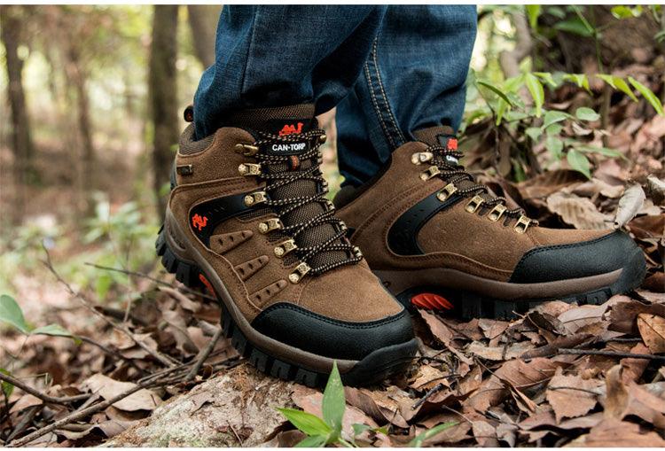 Stevvex brown leather outdoor waterproof hiking boots with metal eyelets and black toe caps on Tampa Home & Garden Store