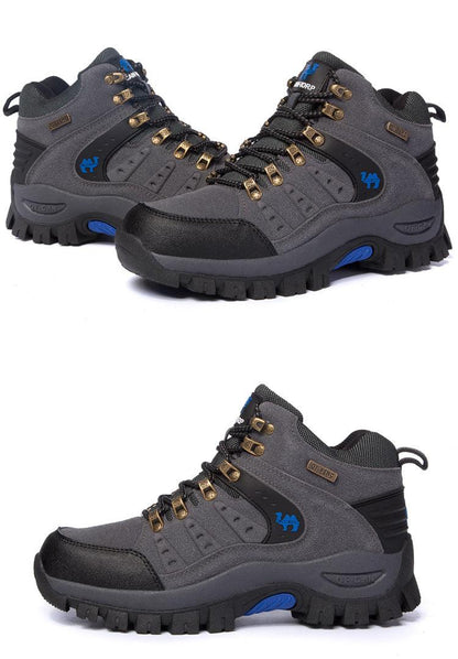 Stevvex men's waterproof hiking boots, grey rugged footwear with metal eyelets and sole on Tampa Home & Garden Store
