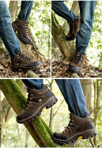 Stevvex men's waterproof hiking boots, brown leather with black toe, rugged outsole on Tampa Home & Garden Store