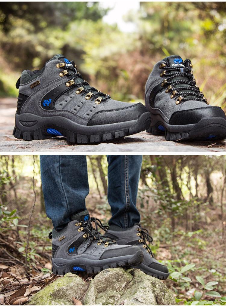 Stevvex men's waterproof hiking boots, grey/black with blue accents and rugged outsole pair on Tampa Home & Garden Store