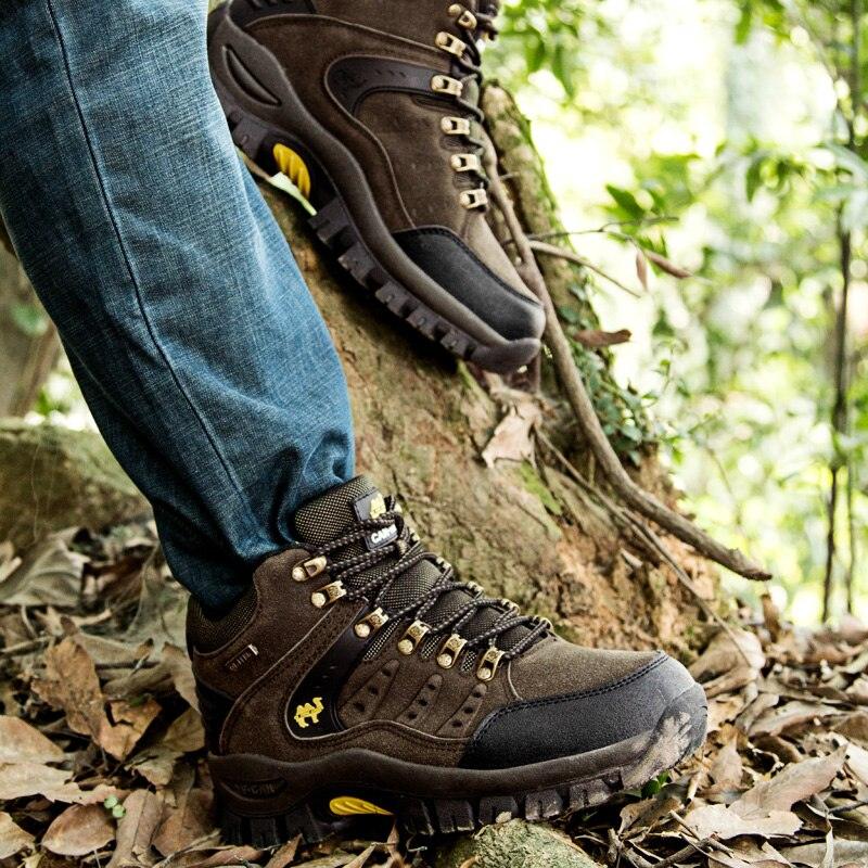 Stevvex brown waterproof hiking boots with rugged outsole and yellow accents, two boots on Tampa Home & Garden Store