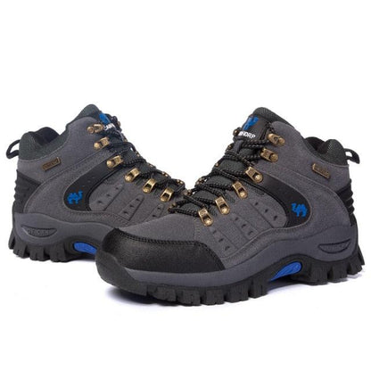 Stevvex hiking boots pair gray and black with blue accents and rugged outsole on Tampa Home & Garden Store
