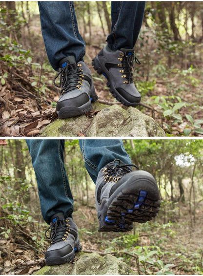 Stevvex waterproof hiking boots in gray and black with rugged outsole on rocky trail on Tampa Home & Garden Store