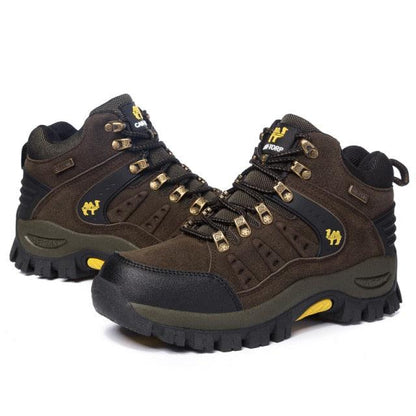 Stevvex brown hiking boots pair with metal eyelets, rugged outsole, waterproof footwear on Tampa Home & Garden Store