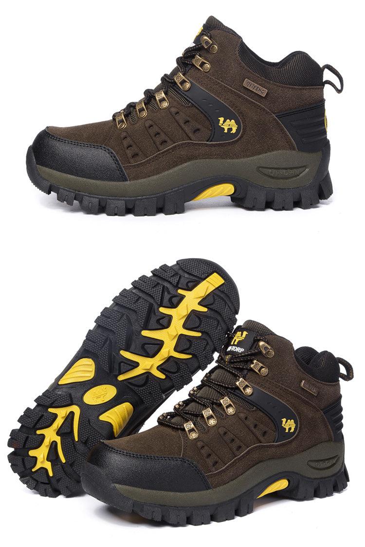 Stevvex brown waterproof hiking boots with black toe cap and yellow accents, rugged outsole on Tampa Home & Garden Store