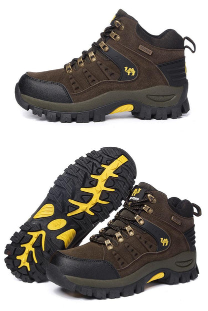 Stevvex brown waterproof hiking boots with black toe cap and yellow accents, rugged outsole on Tampa Home & Garden Store